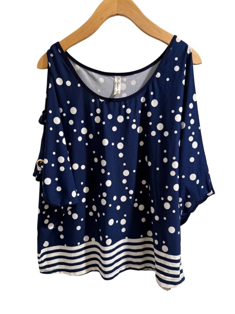 Womens XL Navy Polka Dot & Stripe Top With Tie Sleeves